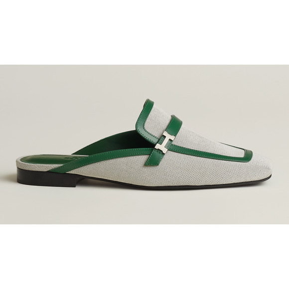 Hermes Groupie Mule Cactus Green Leather Canvas Backless Mule Slide Flat 37 - Picture 4 of 12